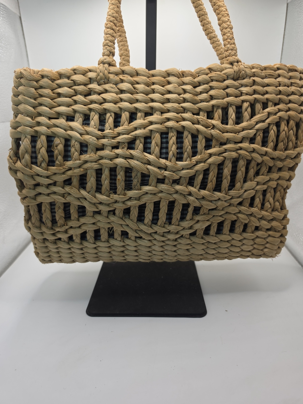 Your YarnUa Handwoven Hollowed Out Tan Straw Tote Braided Handles Gingham Lining